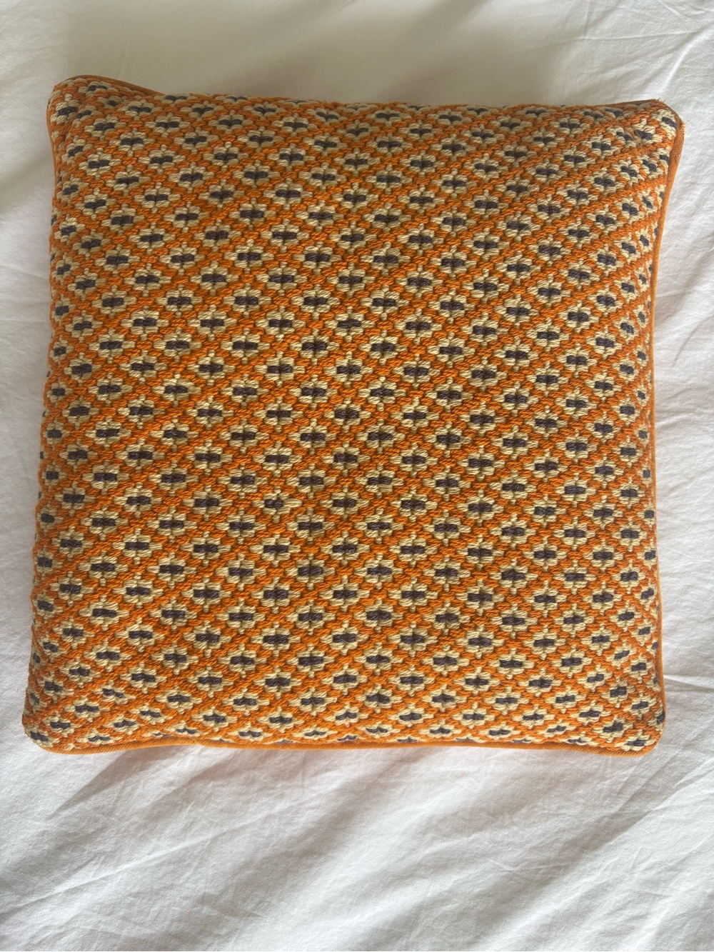 Vintage 1960s Handmade Needlepoint Throw Pillow Orange Velvet MCM 15 x15